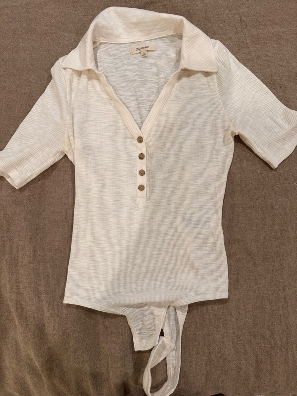Madewell Cream Ribbed Collared Button-Front Bodysuit